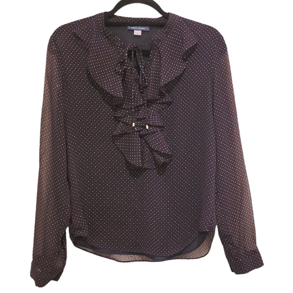 2/$18 Tommy Hilfiger Ruffled Polka Dot Long Sleeve Blouse Navy Top Shirt XS